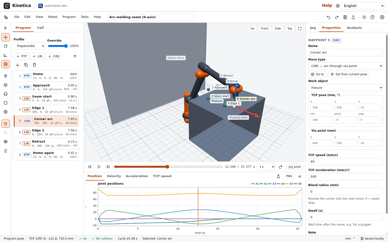 Kinetica workspace with a 6-axis arm welding a seam, waypoint list and timeline