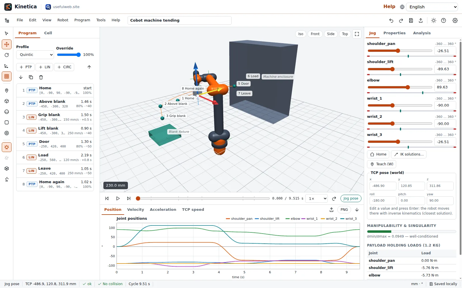 TCP gizmo dragged with live inverse kinematics and joint sliders