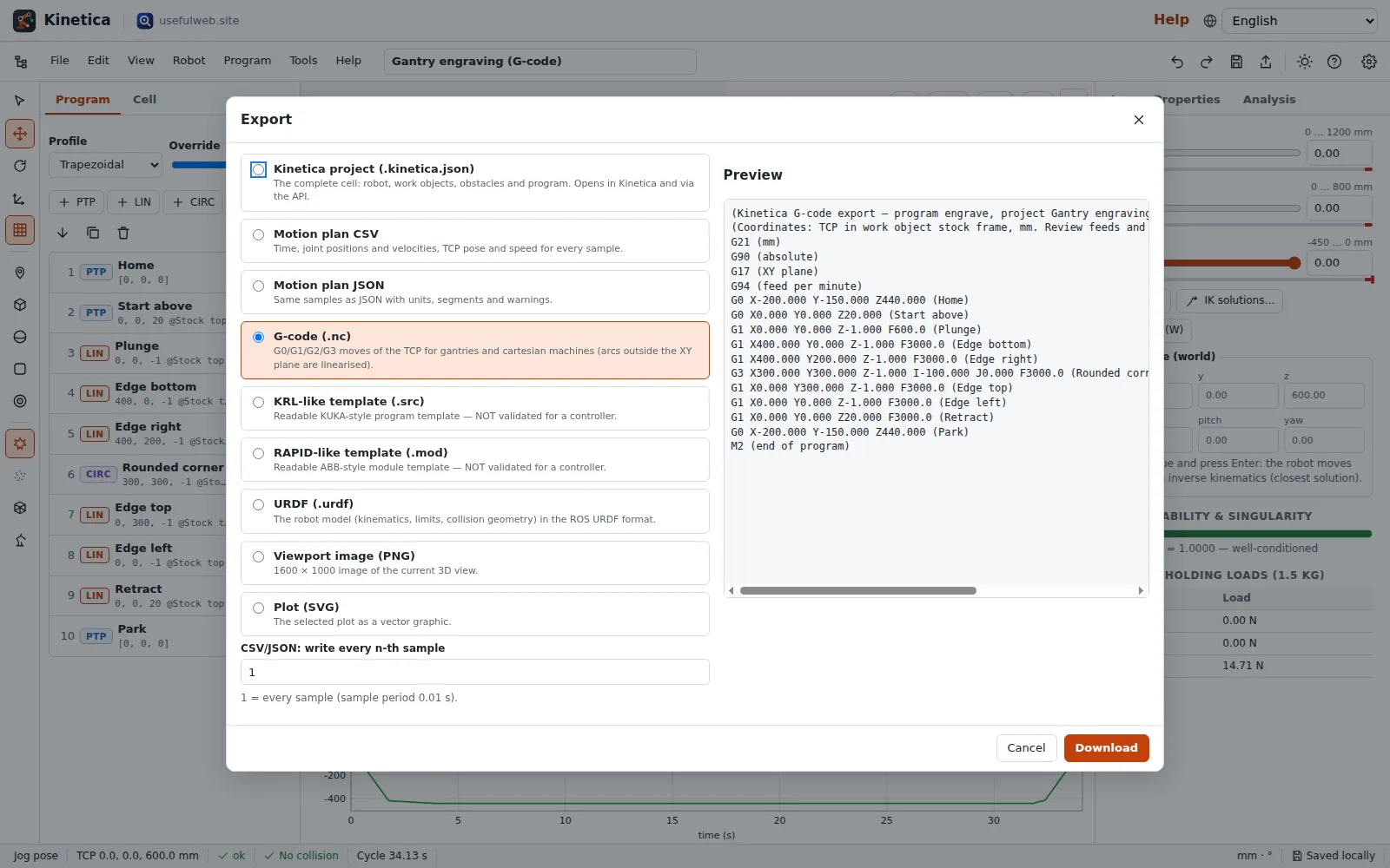 Gantry engraving program with G-code export dialog
