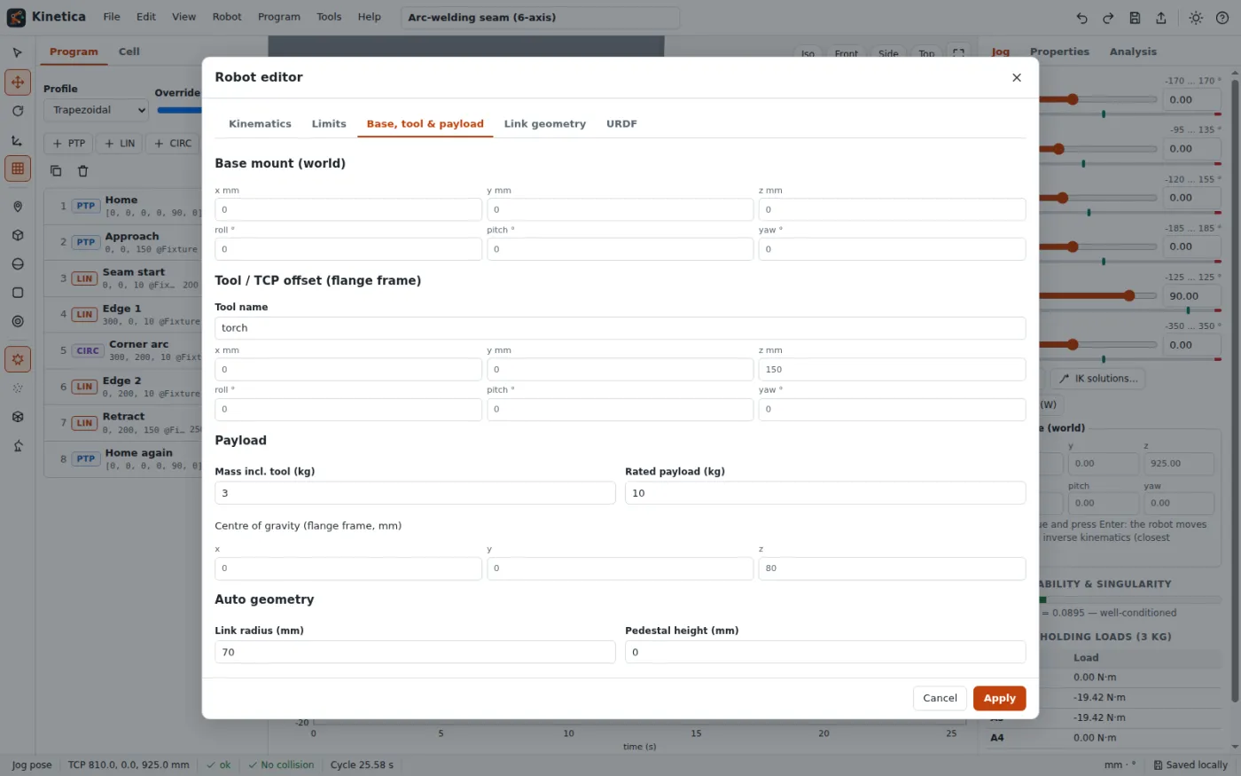 Tool and payload settings