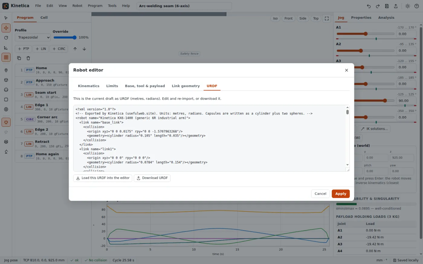 URDF tab of the robot editor